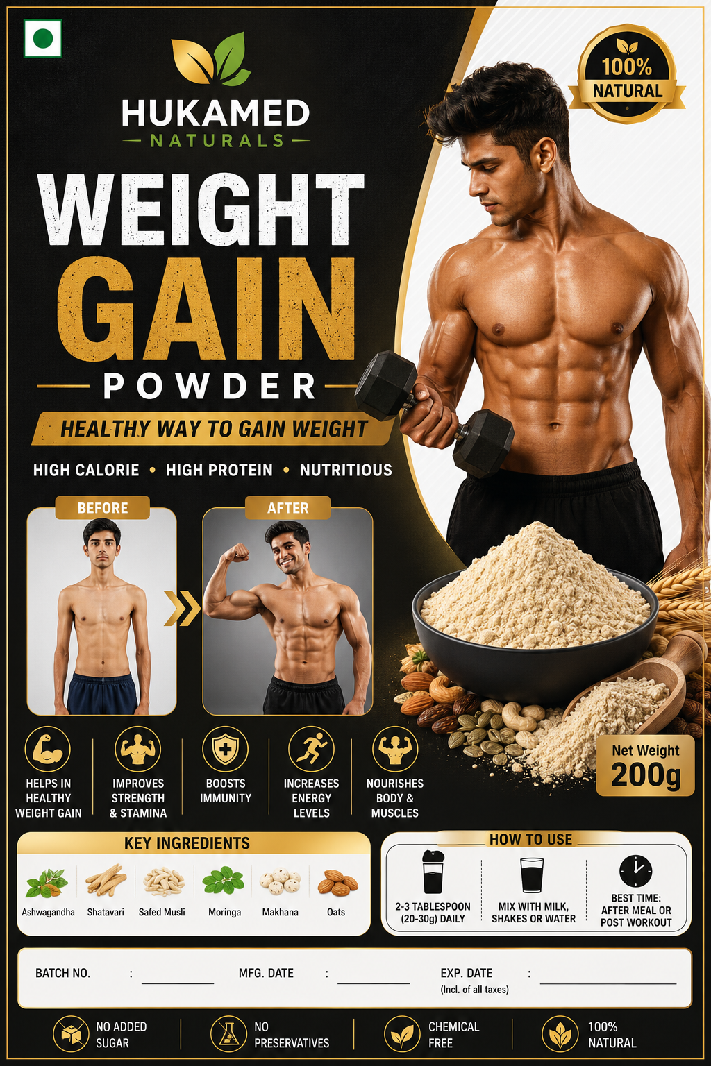 Hukamed Naturals Weight Gain Powder | Herbal Nutrition Blend | Daily Health Supplement
